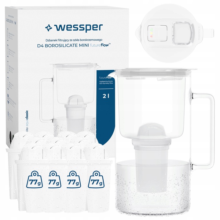 Cana filtrantă Wessper D4 BOROSILICATE, sticlă borosilicată, 2L, set cu 12 filtre Aquaclassic, alb