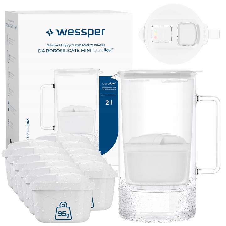 Cana filtrantă Wessper D4 BOROSILICATE, 2L, sticlă borosilicată, contor LED, set 12 filtre Aquamax, alb