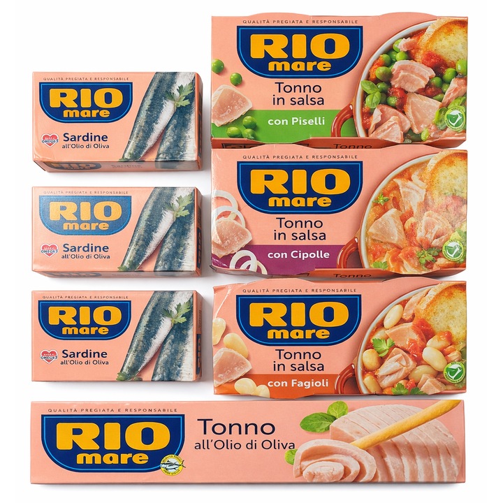 Set conserve Rio Mare, sardine în ulei de măsline și ton cu fasole, mazăre, ceapă, 1640 g