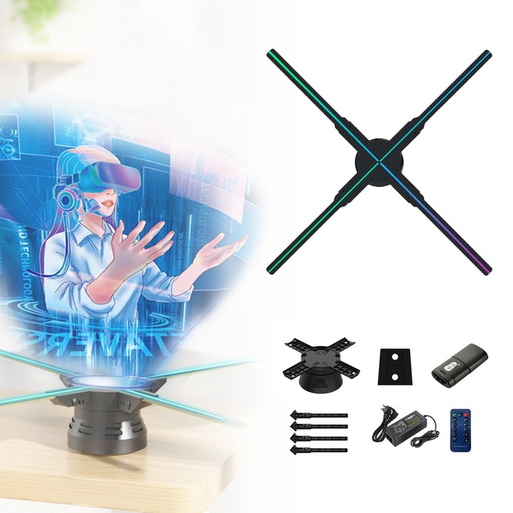 Excitat®, Proiector Holografic 3D HD cu 592 LED-uri - Control Bluetooth/WiFi/App/Remote, Design Ventilator 4 Palete, 52cm, Negru, pentru Publicitate, Iluminare Casnica si Proiectie Imagini/Videoclipuri