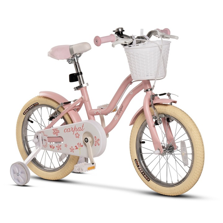 Детски велосипед MTB ERBC16178A с 16" колела, V-образни спирачки, помощни колела, калници, кошница, розов, Carpat Baby Kids Bike за възраст 4/6 години, модел New Generation 2026