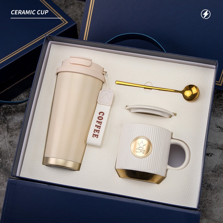 Set cadou pentru cafea, termos minimalist 500 ml, cană ceramică cu accente aurii, multicolor