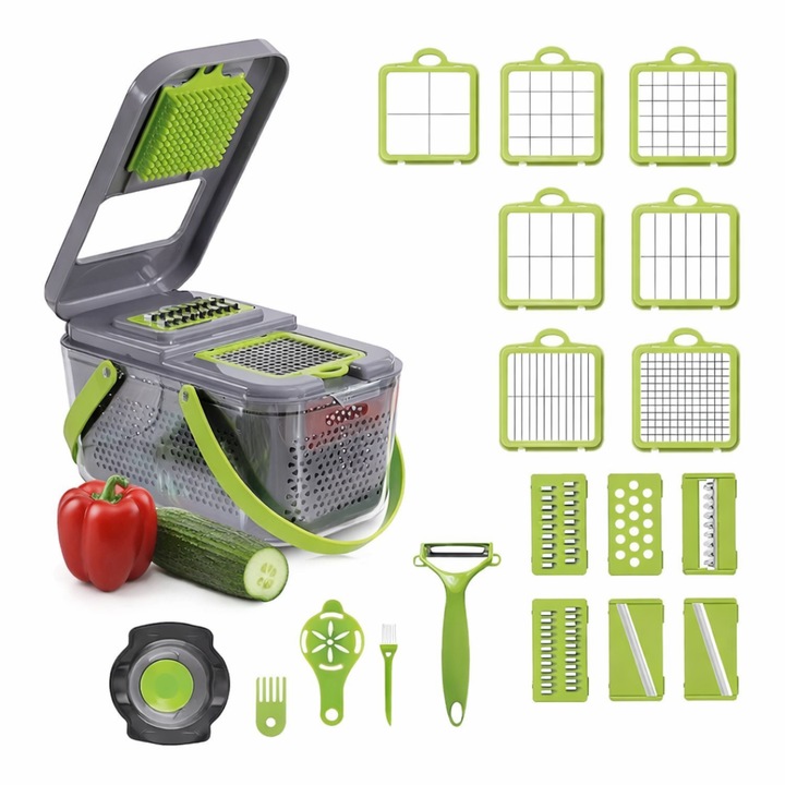 Razatoare multifunctionala Macvi® profesionala 22 piese cu lame inox si recipient colector tocator feliator pentru legume fructe si branzeturi gri verde