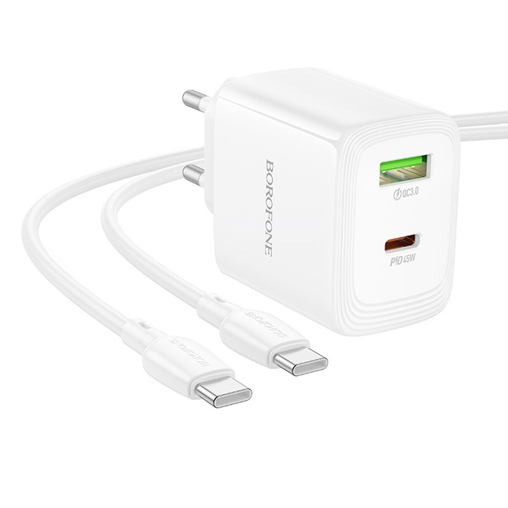 Borofone BN30 töltő, USB-C + USB-A, 45W, fehér, USB-C kábel mellékelve, univerzális kompatibilitás