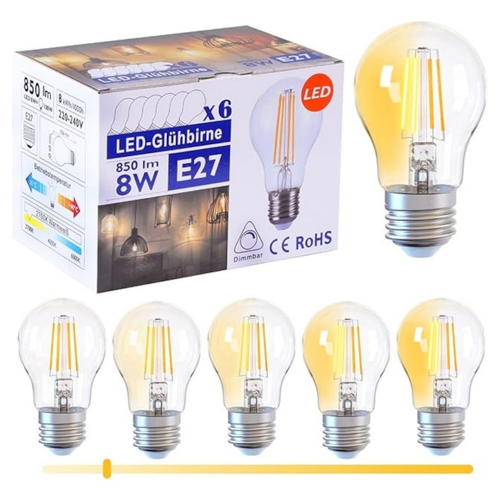 Set 6 becuri LED, reglabil E27 cu filet, bec A60 baioneta 8W 850LM, economic, echivalent 100W, alb cald 2700K, DGE