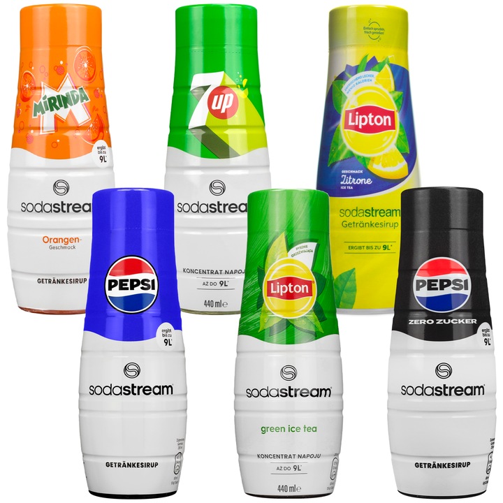 SodaStream szirup válogatás 6x440ml Pepsi, Pepsi Max cukormentes, 7UP, Mirinda, Lipton Ice Tea zöld tea, citrom ízű, koncentrátum szódakészítőhöz