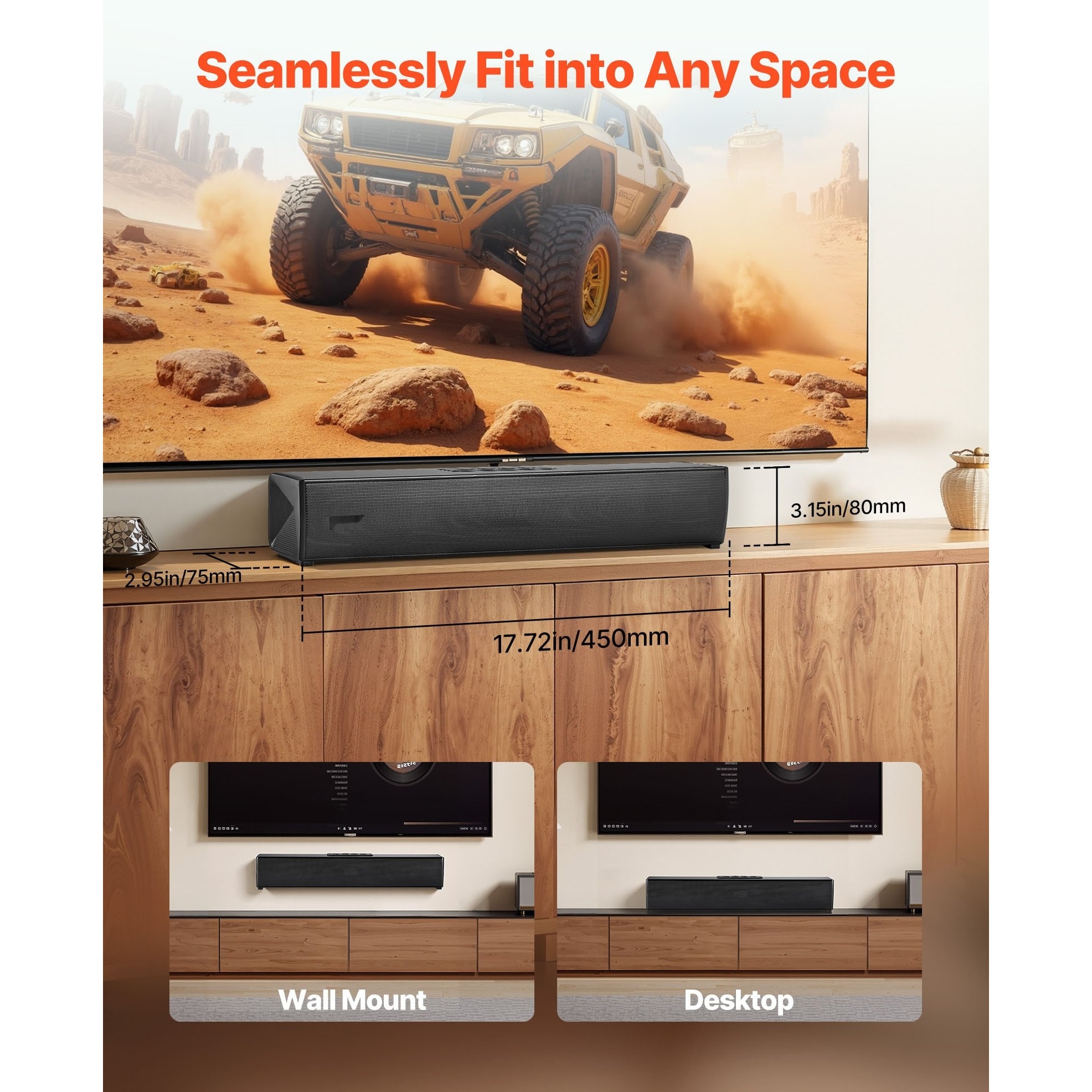 Bara de sunet pentru TV, Soundbar 2.0 canale, Putere 80 W, Bluetooth si AUX, Lungime 45 cm, Cu telecomanda, Compatibila cu PC si proiector, Sunet surround