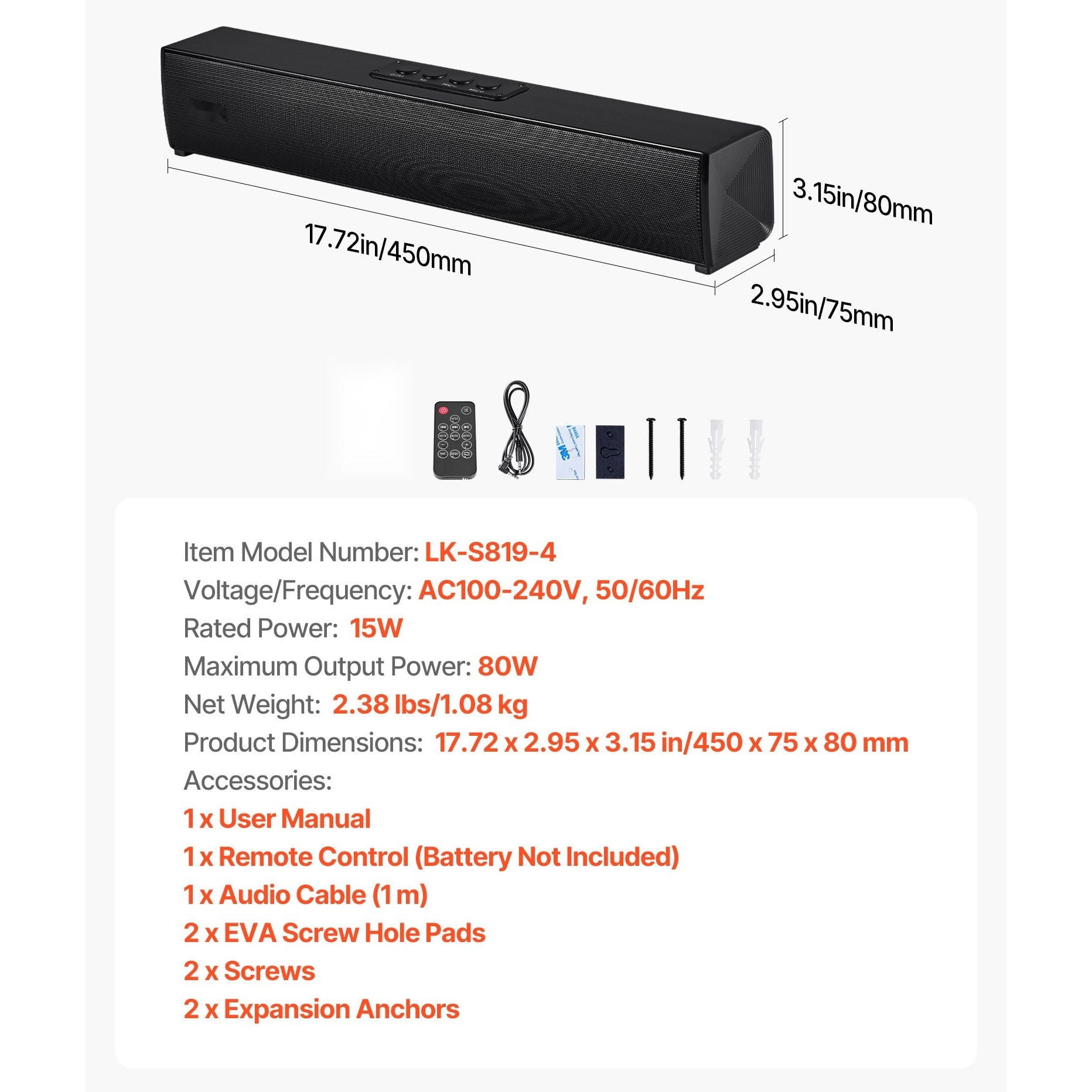 Bara de sunet pentru TV, Soundbar 2.0 canale, Putere 80 W, Bluetooth si AUX, Lungime 45 cm, Cu telecomanda, Compatibila cu PC si proiector, Sunet surround