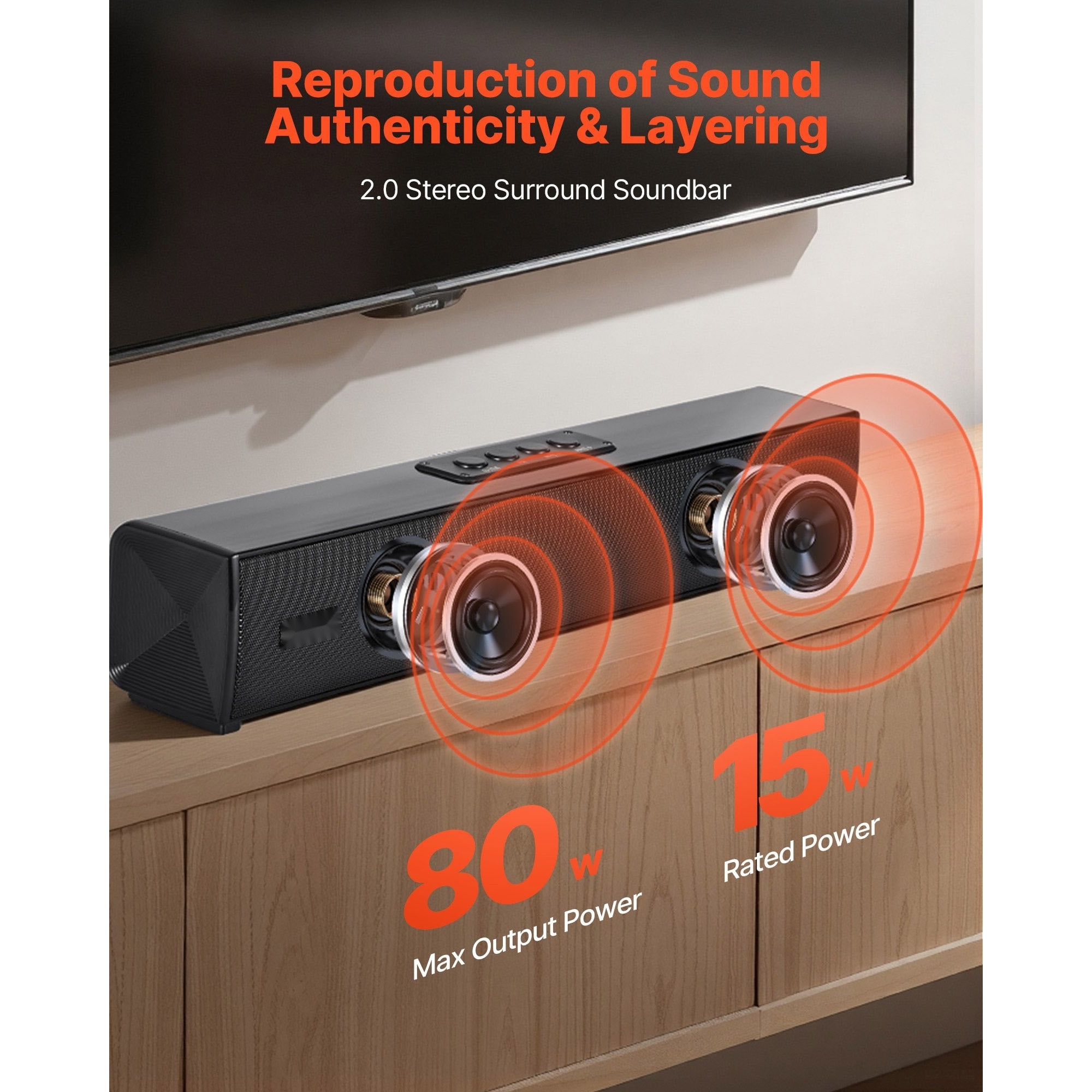 Bara de sunet pentru TV, Soundbar 2.0 canale, Putere 80 W, Bluetooth si AUX, Lungime 45 cm, Cu telecomanda, Compatibila cu PC si proiector, Sunet surround