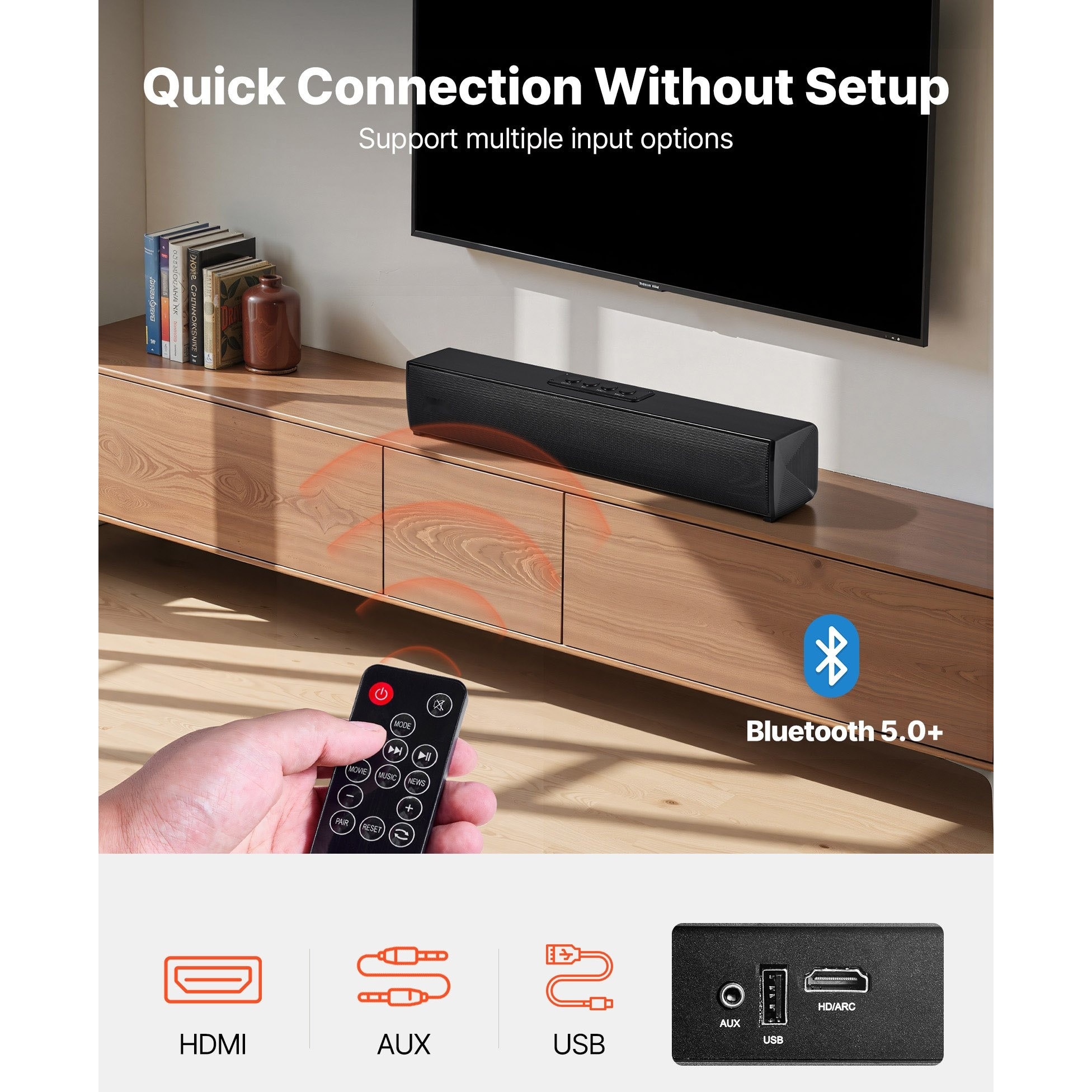 Bara de sunet pentru TV, Soundbar 2.0 canale, Putere 80 W, Bluetooth si AUX, Lungime 45 cm, Cu telecomanda, Compatibila cu PC si proiector, Sunet surround