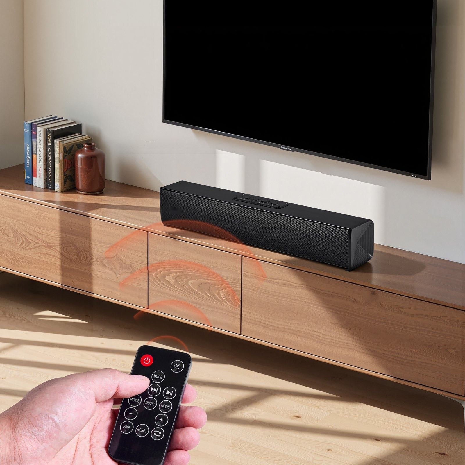 Bara de sunet pentru TV, Soundbar 2.0 canale, Putere 80 W, Bluetooth si AUX, Lungime 45 cm, Cu telecomanda, Compatibila cu PC si proiector, Sunet surround