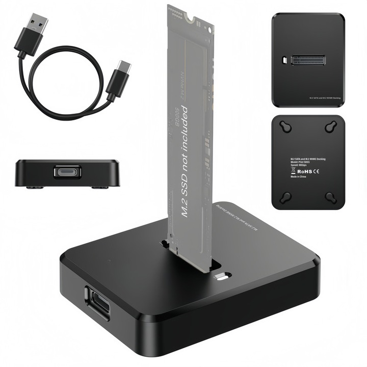 Adaptor Cititor/Scriitor M.2 NVMe / SATA SSD, USB 3.1, Enclosure portabila, Compatibil cu M.2 (M Key, B+M Key) NVMe / SATA NGFF SSD Dock, Dimensiune Pentru 2280/2260/2242/2230, Negru
