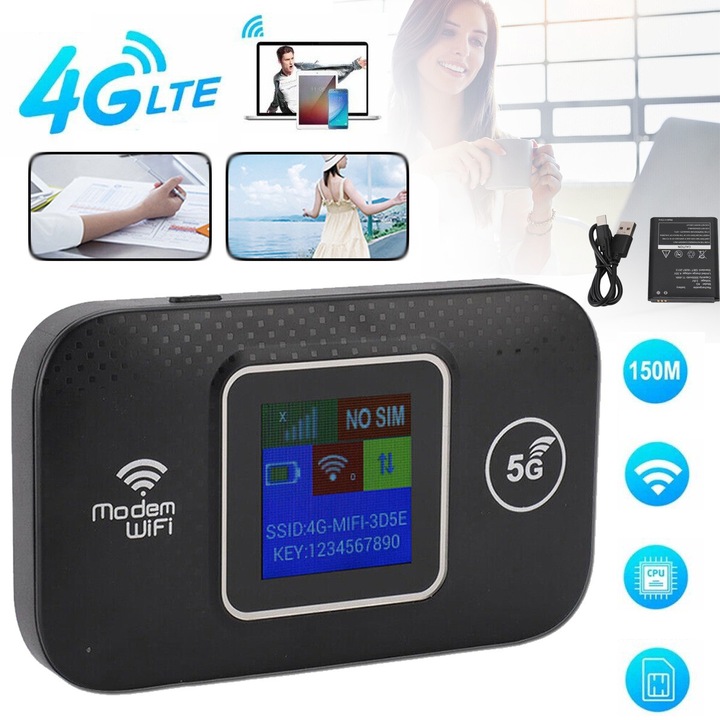 Hordozható 4G WiFi útválasztó, LCD kijelző, 150 Mbps letöltés, 3000 mAh, akár 10 felhasználó