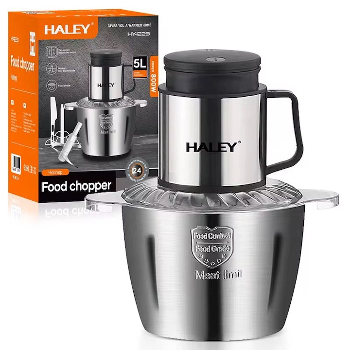 Tocator Electric Multifunctional HALEY HY-1223, Putere 800W, Bol Mare Inox 5 Litri Food Grade, 4 Lame Duble din Otel Inoxidabil, Ideal pentru Carne, Legume, Fructe, Ceapa, Usturoi, Sistem Siguranta, Curatare Usoara