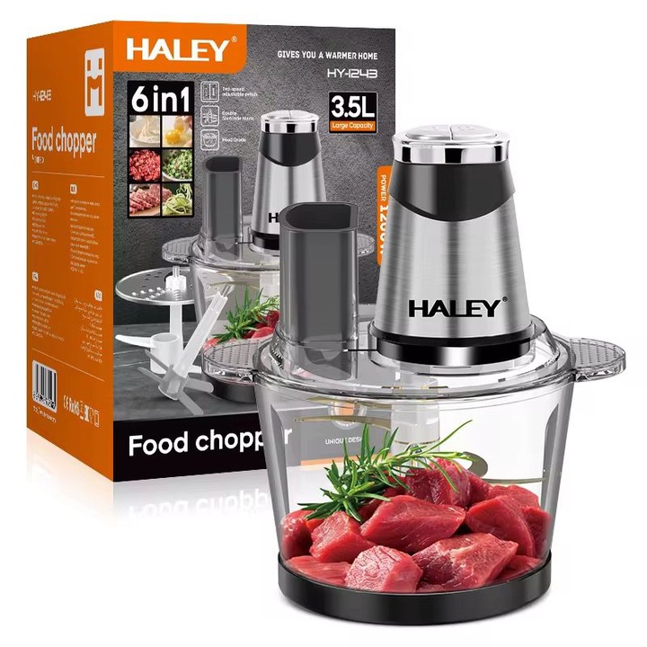 Tocator Electric Multifunctional HALEY HY-243, 6 in 1, Putere 1200W, Bol 3.5 Litri, Lame din Otel Inoxidabil, Accesorii Multiple pentru Tocare, Feliere si Razuire, Ideal pentru Carne, Legume, Fructe, Uz Casnic Zilnic