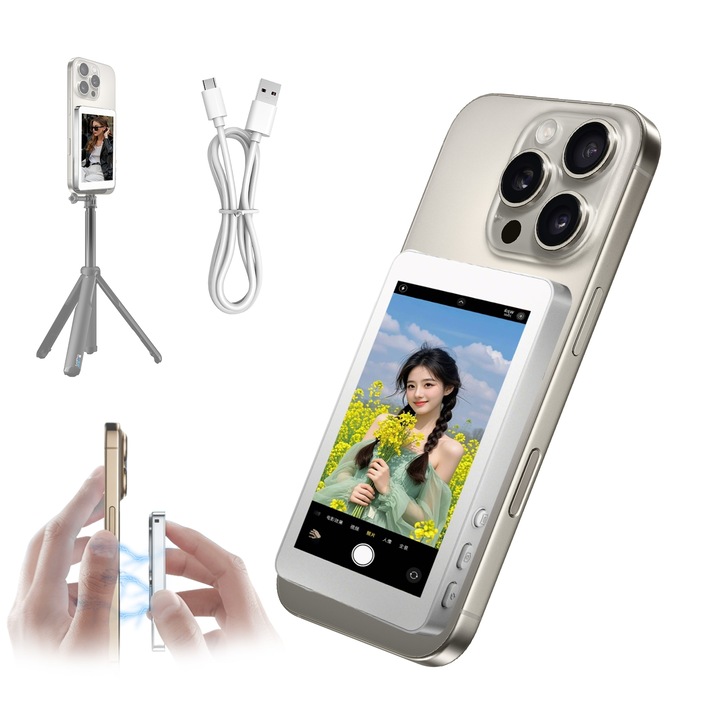 Monitor Selfie Pentru Telefon IDAMAKON Declansator Magnetic Detasabil 4 inch Ecran Suplimentar Wireless Selfie Bluetooth Latenta Redusa Pentru Selfie-uri Live si Vlog Compatibil iOS Android Alb
