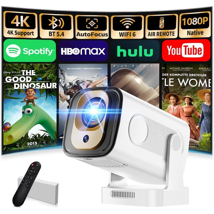 Videoproiector portabil PRESOMA®, 350ANSI, 1920x1080p HD, suport 4K UHD, Android 11, Wi-Fi 6, BT 5.4, Conexiune HDMI, Mirroring Android/IOS, difuzor integrat, Alb