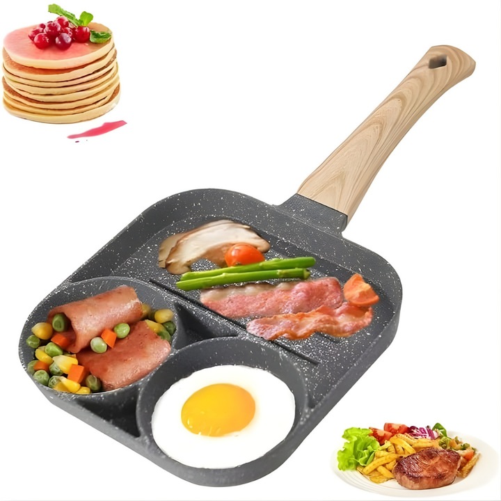 Tigaie Macvi® pentru mic dejun cu 3 gauri aluminiu antiaderent pentru oua burgeri clatite omleta maner ergonomic bachelita pentru aragaz si inductie