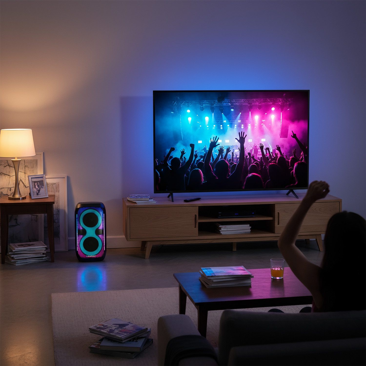 Difuzor Blaupunkt Party Box, iluminare LED, Bluetooth, USB si AUX, radio FM, functie karaoke, telecomanda, autonomie pana la 18h, PB60X
