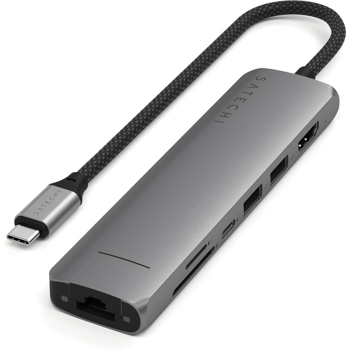 Хъб USB-C Satechi 7-в-1, HDMI 4K 60Hz порт, 100W бързо зареждане, алуминий