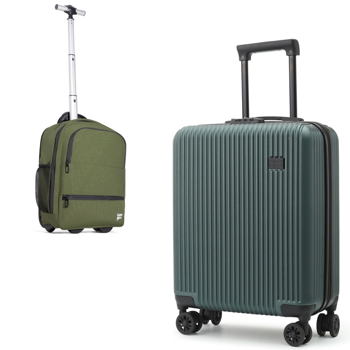 Set priority Cabinfly, pentru Ryanair sau Wizzair, troller cabina verde 55x40x20 si rucsac hibrid verde cu roti si maner ajutator 40x30x20, ideal pentru Hisky, Animawings sau DanAir