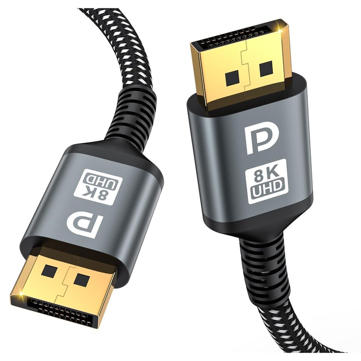 Cablu video DisplayPort 8K, 2M, cablu DP 1.4 [ 8K@60Hz, 4K@144Hz, 32Gbps], DP placat cu aur de mare viteza la DP pentru video / joc, HDR / HDCP / FreeSync / G-Sync