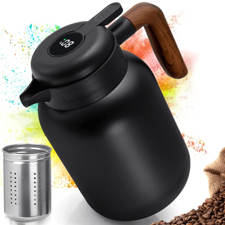 Termos ，Termos tip ceainic, capacitate 1500ml, negru ，Afisajul temperaturii，Cu maner din lemn