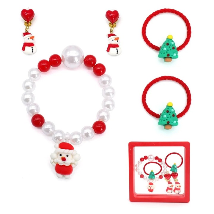 Set de bijuterii de Craciun, cercei cu clips, prinzatoare de par, bratara, pentru fete, rosu