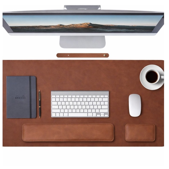 Set Premium pentru Birou cu Mousepad si Suporturi Incheietura Mainii pentru Tastatura si Mouse - Piele Sintetica Antiderapanta, Confort si Protectie pentru Birou, Maro, VELICO®