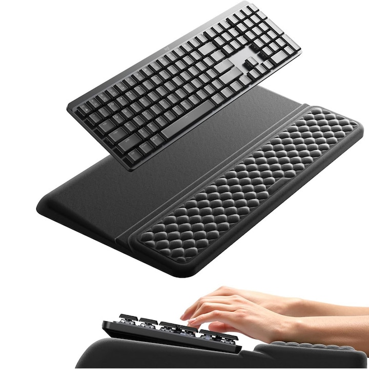 Suport pentru tastatura 2 in 1 cu suport pentru incheietura mainii, Bedee®, reglare ergonomica in 2 unghiuri, invelisuri din silicon la baza, antiderapante, amelioreaza inflamatia mainii si problemele de tunel carpian, Negru