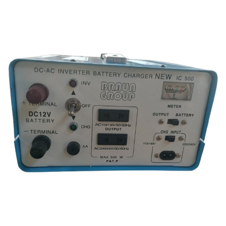 Invertor Dual Braun Group 500W cu încărcător 12V, comutare manuală, 220VAC, 12VDC