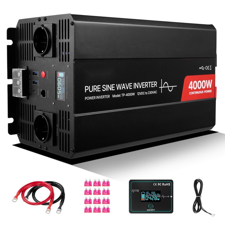 Invertor auto 4000W, undă sinusoidală pură, 2 prize AC, 2 porturi USB, telecomandă, 390x205x165mm