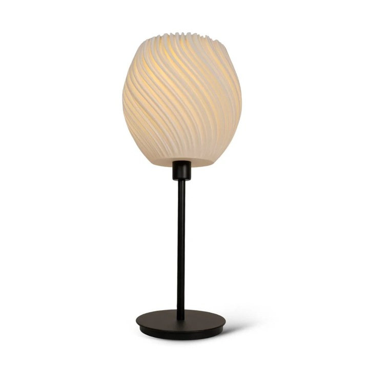 Lampa de dormitor Runic Solaris, abajur spiral 3D alb, baza negru mat, 48 cm, E14