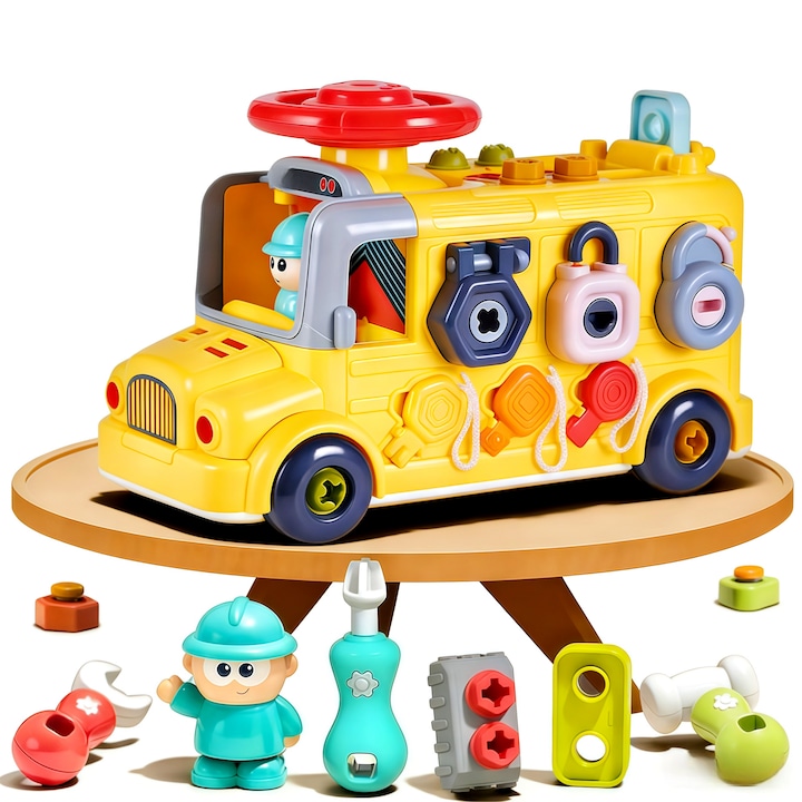 Интерактивен автобус Монтесори, Wacorresi, комплект куб за дейности 6 в 1, многоцветен, за деца 1-3 години