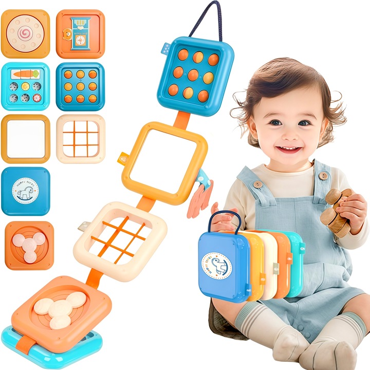 Jucarie Educativa Montessori Busy Board, Wacorresi, Jucarie Senzoriala, 23x10cm, Ideala pentru Activitati de Sortare si Potrivire Forme, Ocupat stivuind cuburi muzicale, multicolor