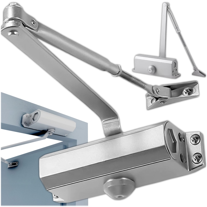 Регулируем автоматичен механизъм за затваряне на врата, хидравличен, универсален за ляво и дясно отваряне, алуминиев, за вътрешни врати