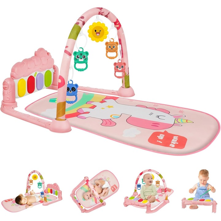 Covor de joacă tip gym cu pian interactiv, muzică și lumini, jucării detașabile, 0+ luni