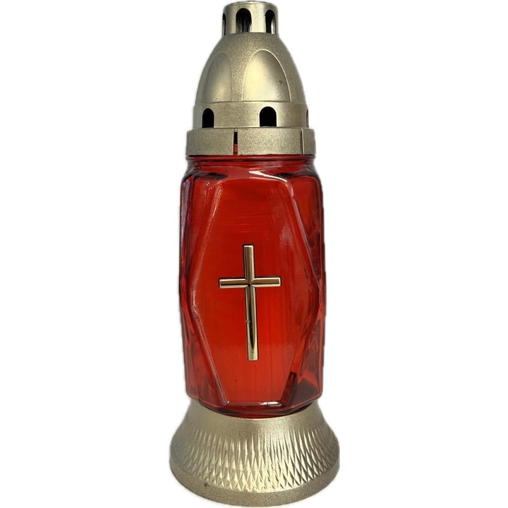 Set 3 x Candela din Sticla, Rosie cu Cruce Aurie