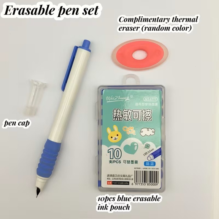 Set stilou cu click, Yiren, grip de burete, 10 rezerve cerneala termica, radiera mare