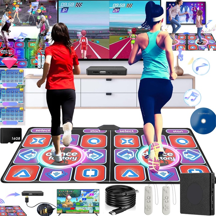 Saltea de dans interactiva，Doua Persoane Jucarii interactive，200 de jocuri + 179 de piese de dans + card de memorie de 16 GB + 2 controllere de miscare Gaming Care Poate fi Conectata la un Televizor si un Computer HDMI HD 1080P
