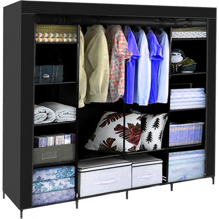 Dulap textil XXL pentru haine, Sifonier portabil din panza cu 14 rafturi si 2 bare de umerase, Garderoba pliabila cu structura metalica si inchidere cu fermoar, Negru, 170x170 cm