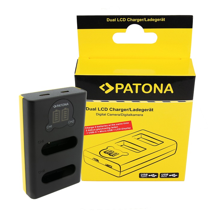 Încărcător Dual Patona LCD pentru Nikon EN-EL23, USB/USB-C, încărcare rapidă, protecție inteligentă