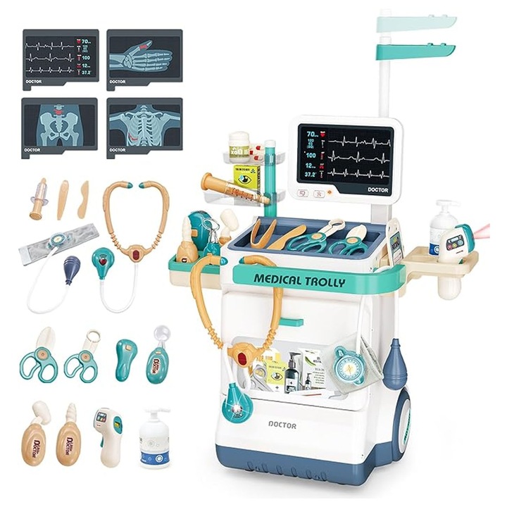 Set de joaca, Carucior medical pentru copii, asskanaer, 26 Piese, Cu echipamente interactive si lumini, Acesorii si ustensile medicale, Portabil, Stimuleaza imaginatia si jocul de rol, 4 ani+, Plastic, 26.5*46.5*115cm, Multicolor