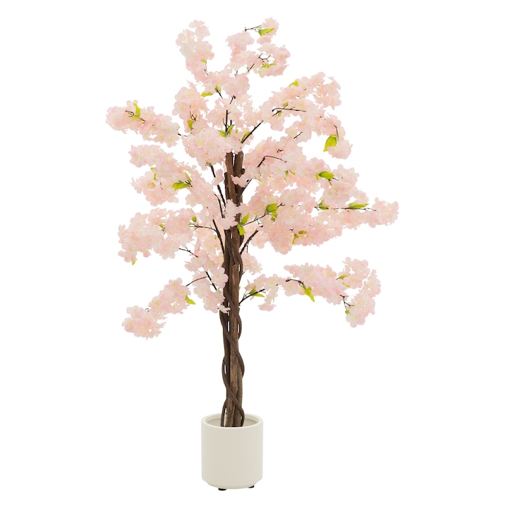 Cires artificial ML Design 120 cm, trunchi lemn natural, flori roz, inclus ghiveci