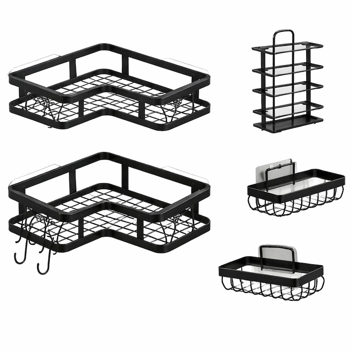 Set accesorii baie Verk, 5 piese, suporturi suspendate si recipiente, plastic, negru