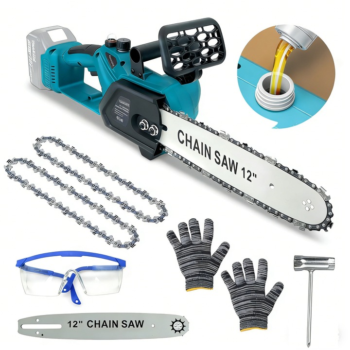 Drujba electrica YOUKUKE®, Mini fierastrau electric, motor fara perii, lant si lama de 12inch, putere 800W, fierastrau, cu sistem de lubrifiere, albastru/negru, ideala constructii