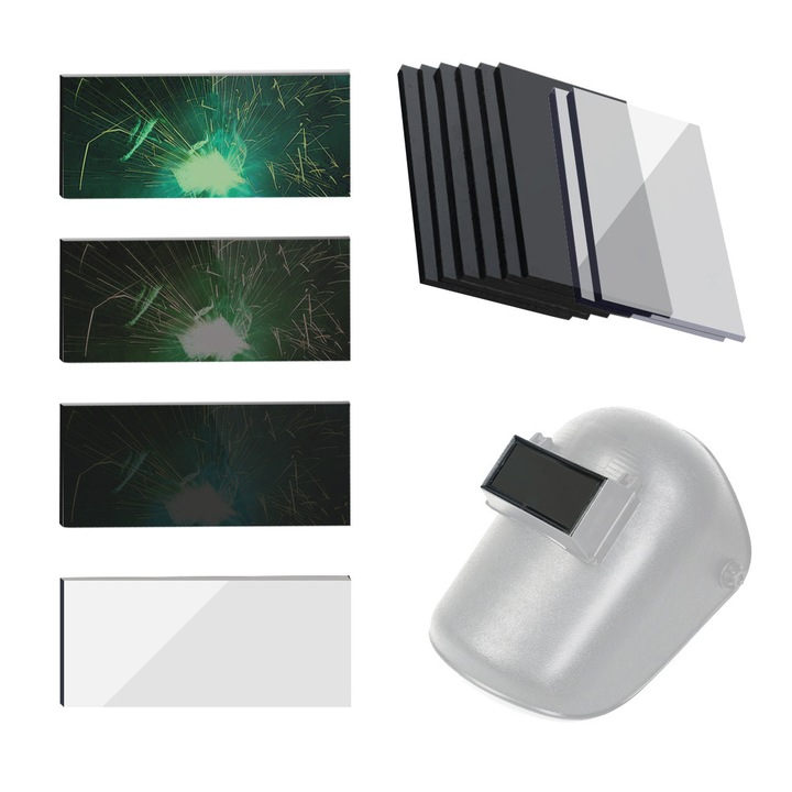 Set 8 bucăți geamuri vizieră pentru sudură, BEEVME, sticlă albă și neagră, dimensiune 50x100mm, nuanțe 0/7/8/9, Negru