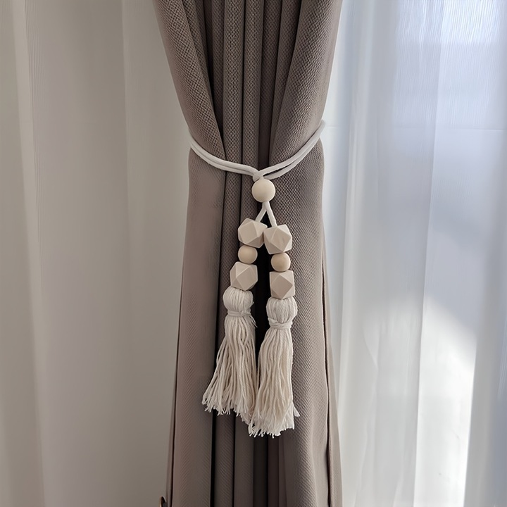 Prinzatoare Perdea, 46+18 cm, Design cu Elemente Geometrice din Lemn, Alb-Bej