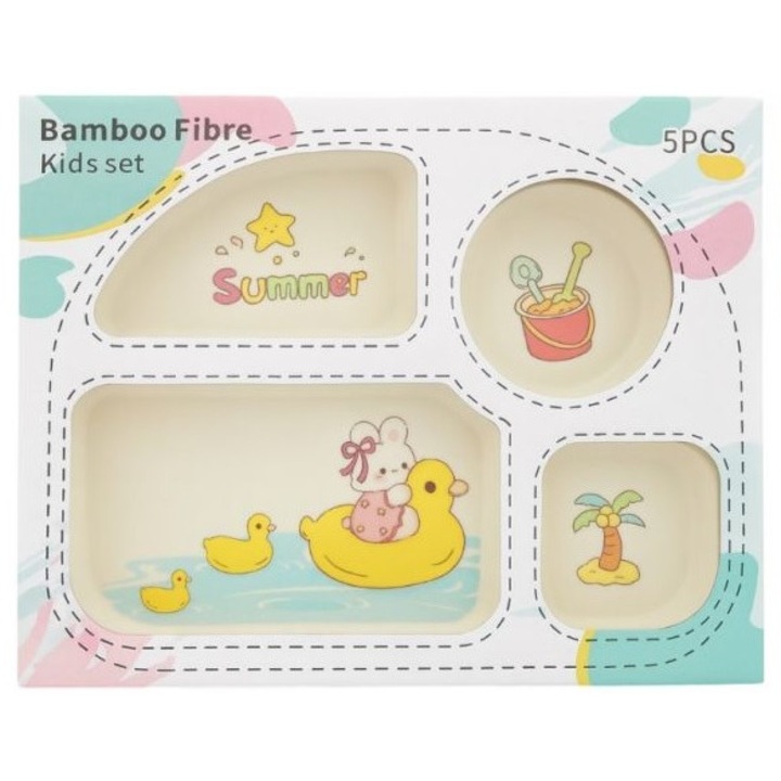 Set de masă și tacâmuri pentru copii, 5 piese, farfurie 26x20cm, bol 11x4cm, cană 6x6cm, bambus, multicolor