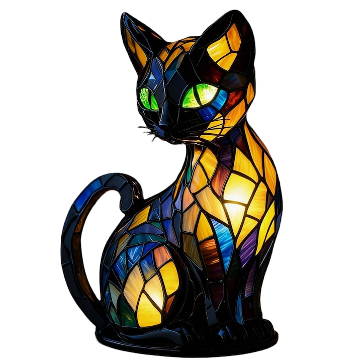 Macska alakú dekoratív asztali lámpa, vintage stílusú, színes, beépített LED